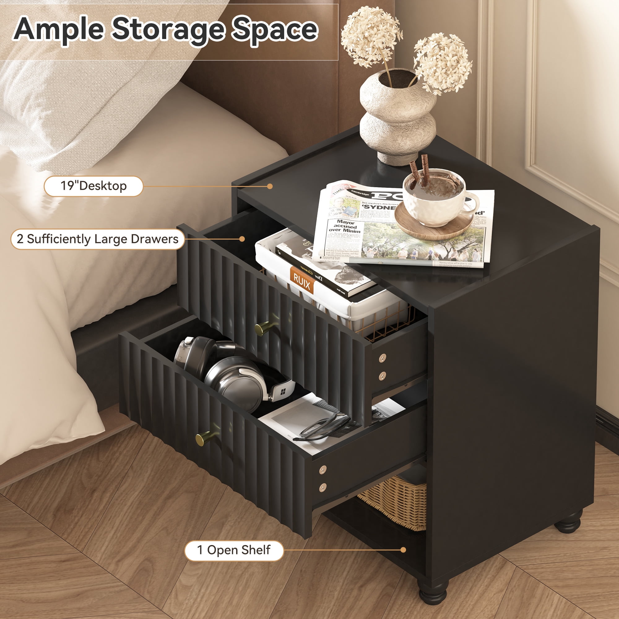 ZOSQUARE Modern Nightstand, Black Fluted Bedside Table with 2 Drawers and Open Shelf, End Tables with Gold Knobs for Bedroom, Living Room