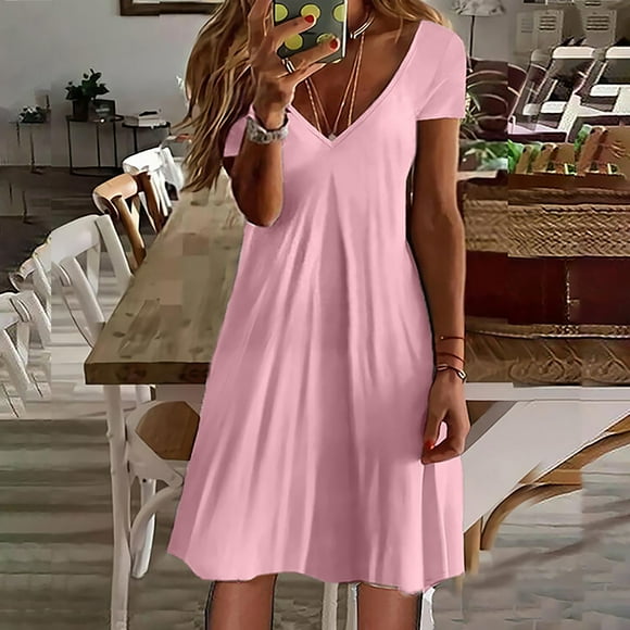 cllios Summer Dresses for Women 2023 Print Sundress Short Sleeve Hawaiian Dress V Neck Hem Dress for Beach Vacation