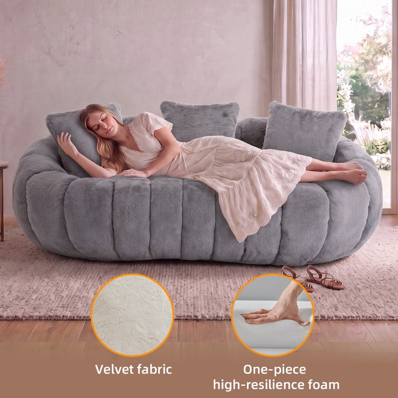 Vacuum Compression Oversized Loveseat with 3 Throw Pillows, Velvet Upholstered Sofa, No Assembly Boneless Floor Couch