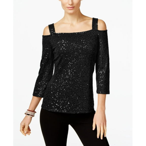 INC International Concepts Petite Sequined Cold Shoulder Top Deep Black PXS