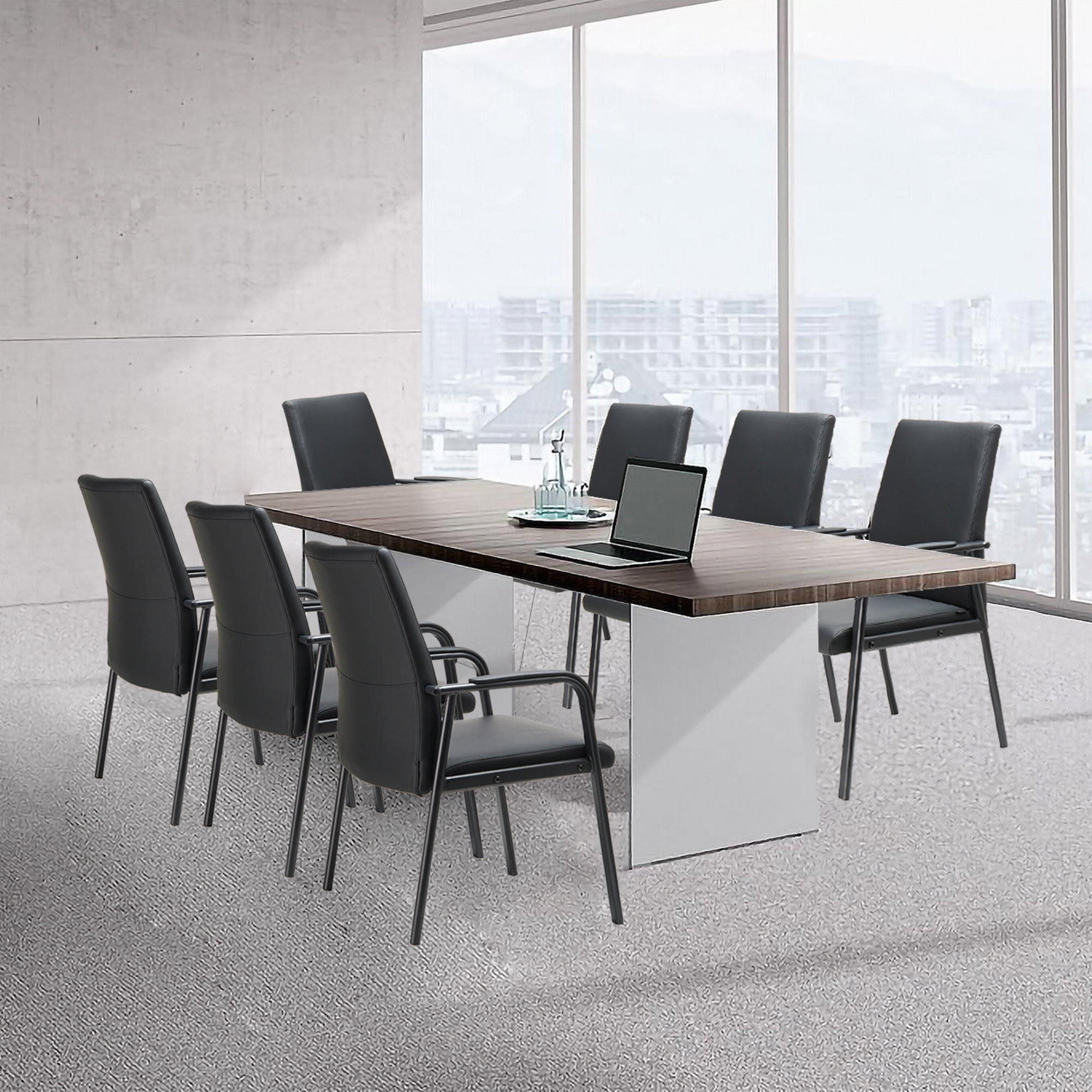 PU Leather Office Chairs Computer Desk Chair with Mid Back Padded Armrests No Wheels, Black