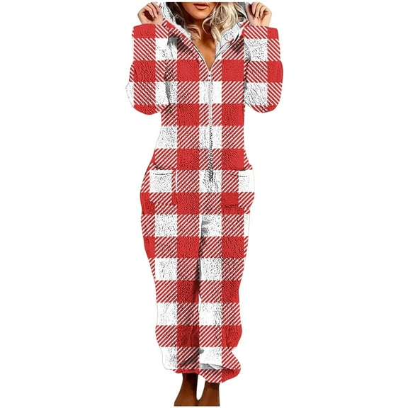 Flannel Onesie Pajamas for Women Fleece Fuzzy Sherpa Hooded One Piece Plaid Romper Warm Winter Loungewear Sleepwear