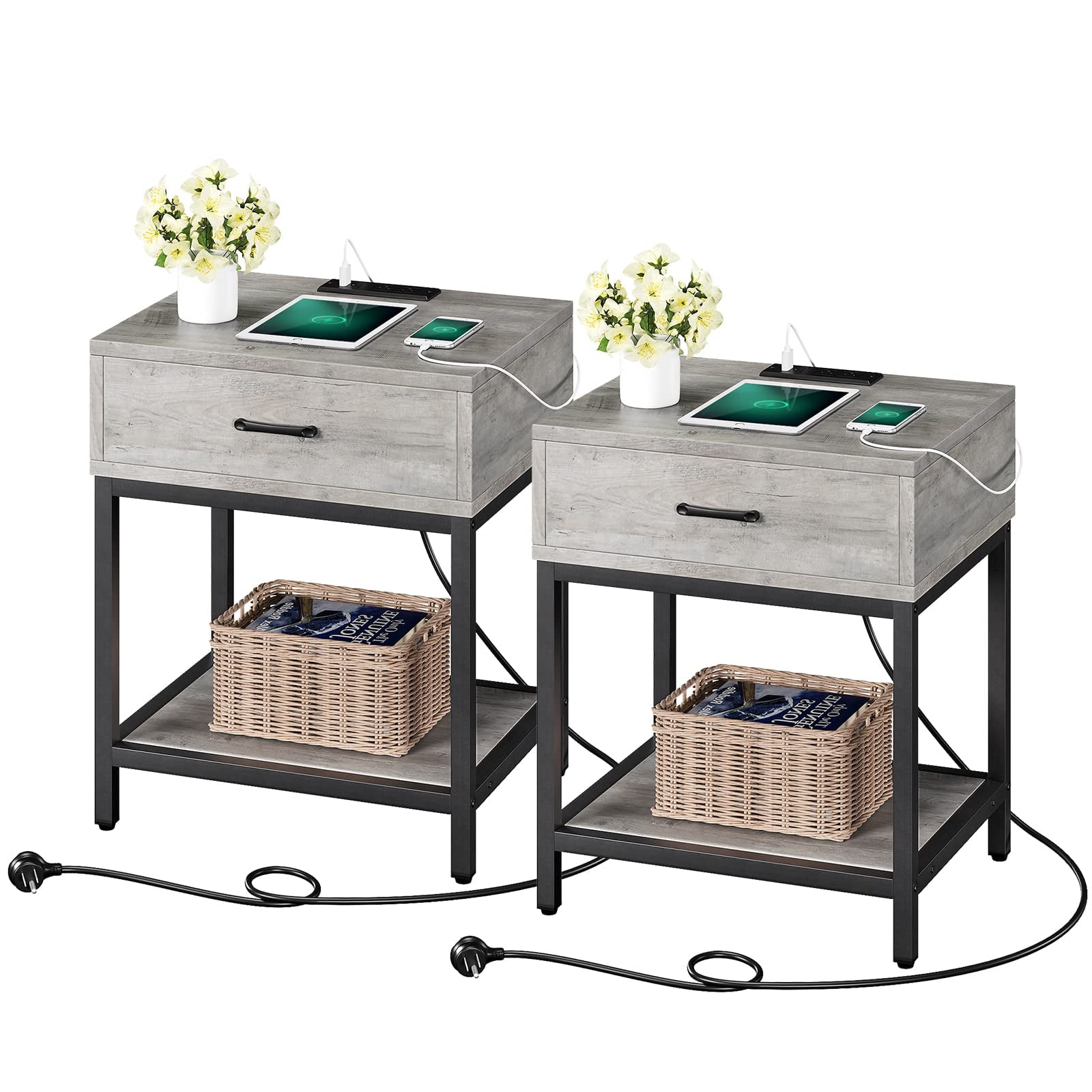 Set of 2 Grey Nightstands with Charging Station, End Tables Living Room