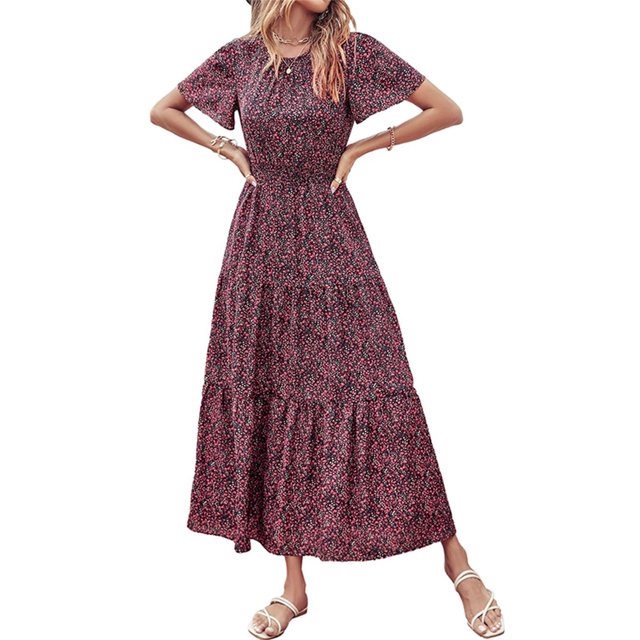 VISgogo Vestido largo para mujer, cuello redondo, manga corta, cintura elástica, estampado floral, estilo bohemio, vestidos casuales VISgogo moda