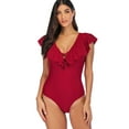thumbnail image 2 of SAYFUT Women's One Piece Swimsuit V Neck Ruffle Monokinis Swimwear Crossback Bathing Suits Black/Jujube Red, 2 of 7