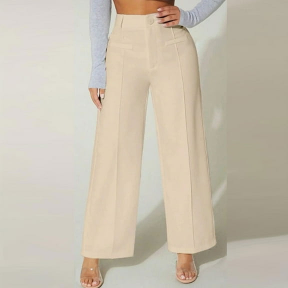 Sakmal Khakis Pants for Women Wide Leg Work Dressy Trousers High Waisted Beige Plain Full Length Pants with Pockets