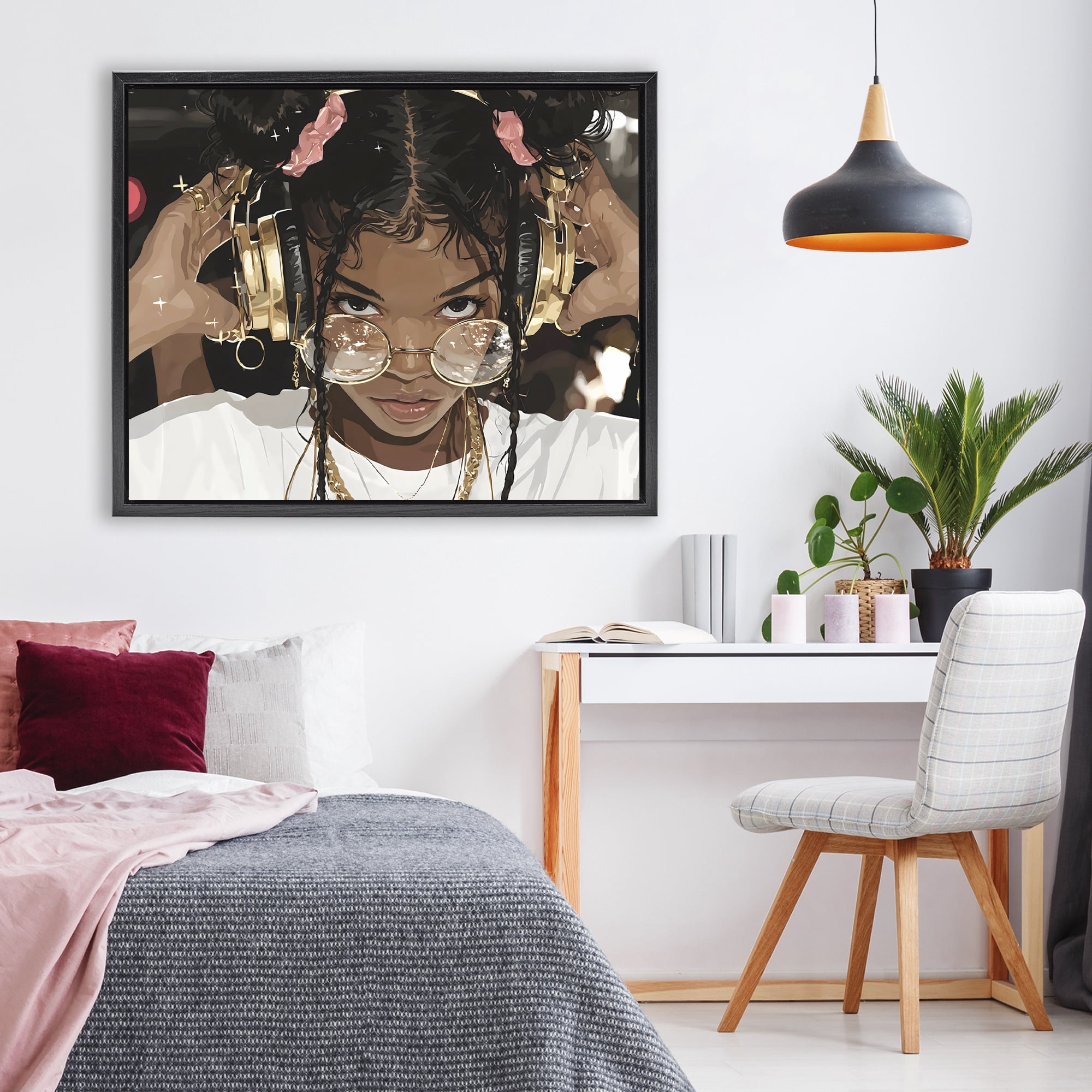 Stupell Industries Trendy Girl with Gold Headphones Black Framed Floater Canvas Wall Art, design by Franklyn Gregory