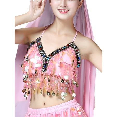 

Kiapeise Women Sequin Halter Bra Crop Top Backless Sexy Belly Dance Costume Boho Party Clubwear