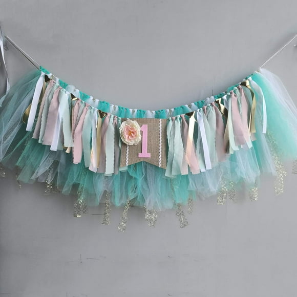 High Chair Skirt Banner - 1st Birthday Baby Tutu High Chair Decoration for Birthday Party Supplies (Pink Green)