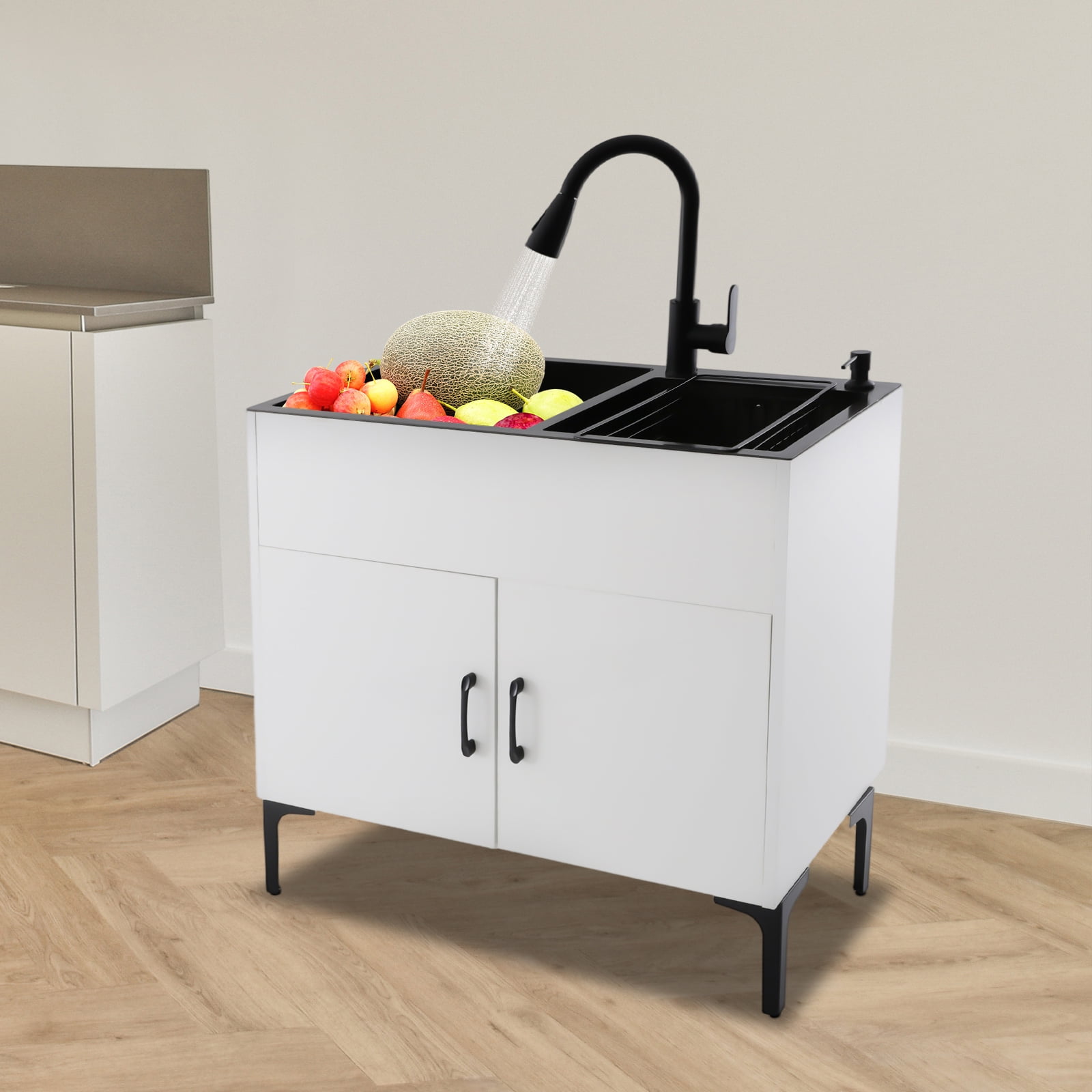 Laundry Sink with Cabinet, Sink with Pull-Out Faucet and Cabinet, Freestanding Kitchen Sink