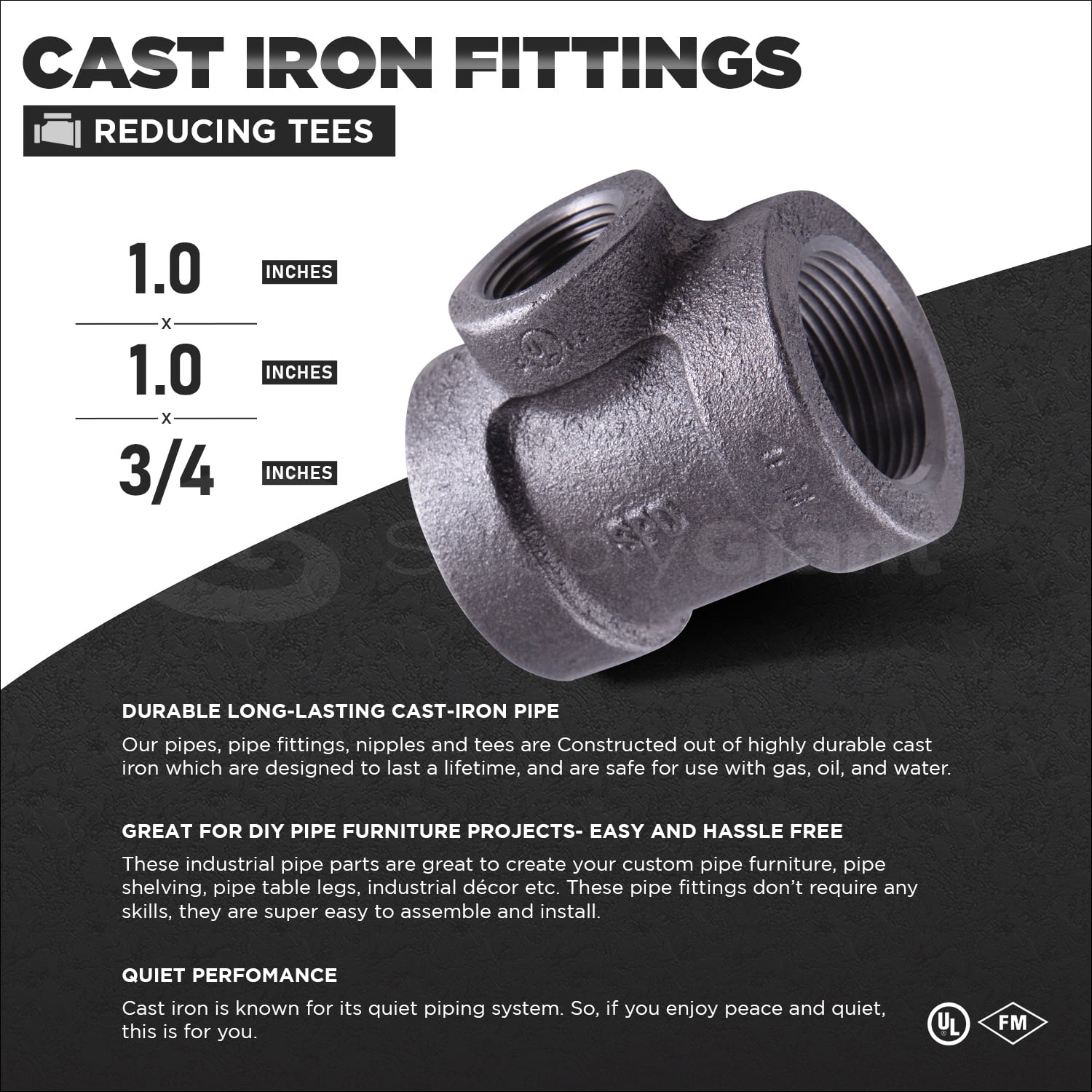 Supply Giant 1" x 1" x 3/4" BLack Pipe Fitting Reducing Tee Cast Iron