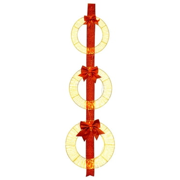 Gymax Set of 3 Christmas Lighted Wreaths Pre-Lit Metal Wreaths on Red Ribbon