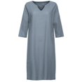 thumbnail image 2 of Womens Stylish V-Neck Vintage Solid Color Loose Casual Dress with Short Sleeves, 2 of 10