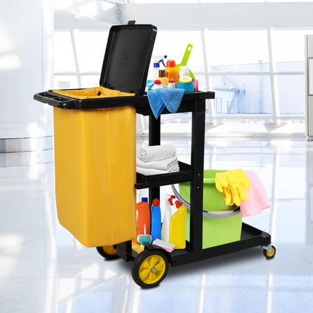 Commercial Janitorial Utility Cart with 3 Tier Shelves - Cleaning Trolley with Waste Bag and Wheels - Housekeeping Rolling Janitor Cart for Hotel, Restaurant, Office – Black