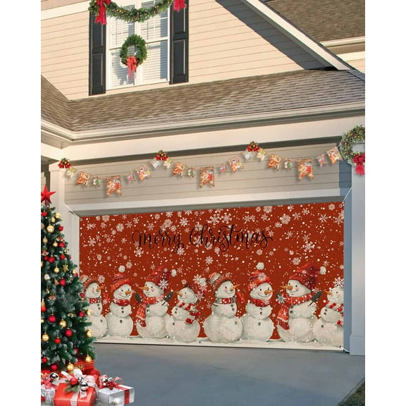 Garage Door Banner Cover 7 x 8 ft, Christmas Snowman Watercolor Snowflakes Hand Painted Retro Red Christmas Garage Door Decorations Holiday Christmas Backdrop Decor for Winter New Year Xmas Party