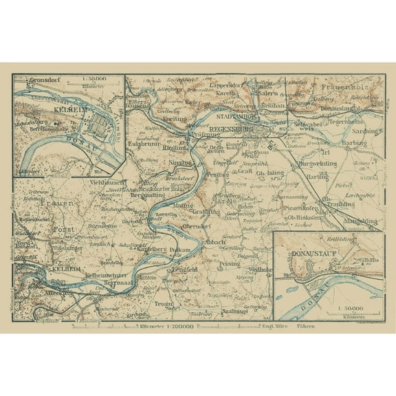 Historic Map - Donaustauf Germany - Baedeker 1914 - 33.58 x 23 - Vintage Wall Art
