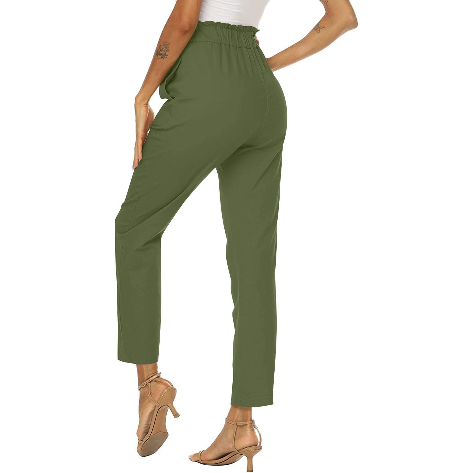Xihbxyly Linen Pants for Women Womens Pants Cotton Linen Long Lounge Pants  Drawstring Back Elastic Waist Pants Casual Trousers with Pockets, Green, L