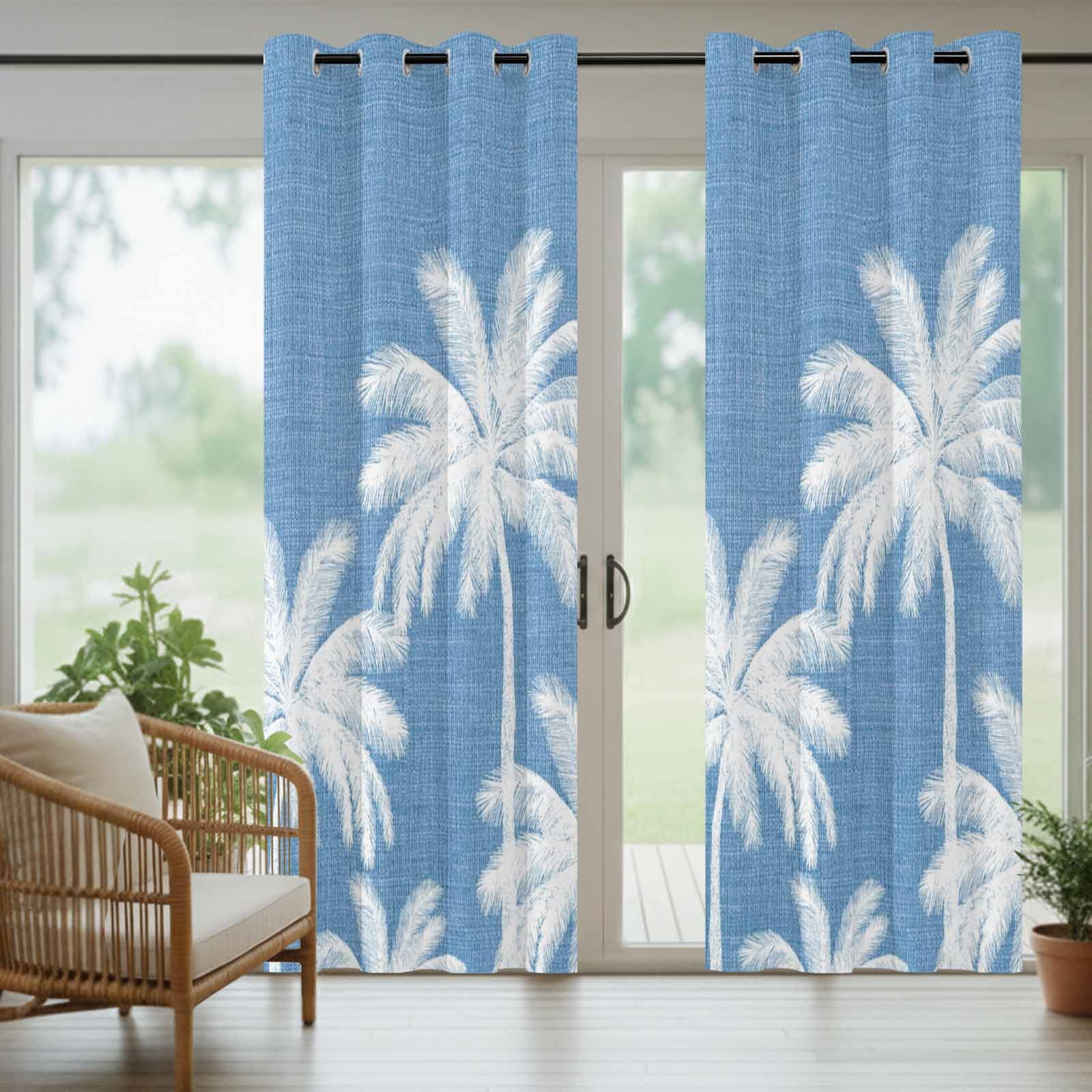 Blue Palm Trees Outdoor Curtains for Patio, Summer Beach Tropical Farmhouse Sunshade Privacy Drapes Grommet Waterproof Outside Curtains for Porch/Cabana/Balcony 54"x 108", 1 Panel