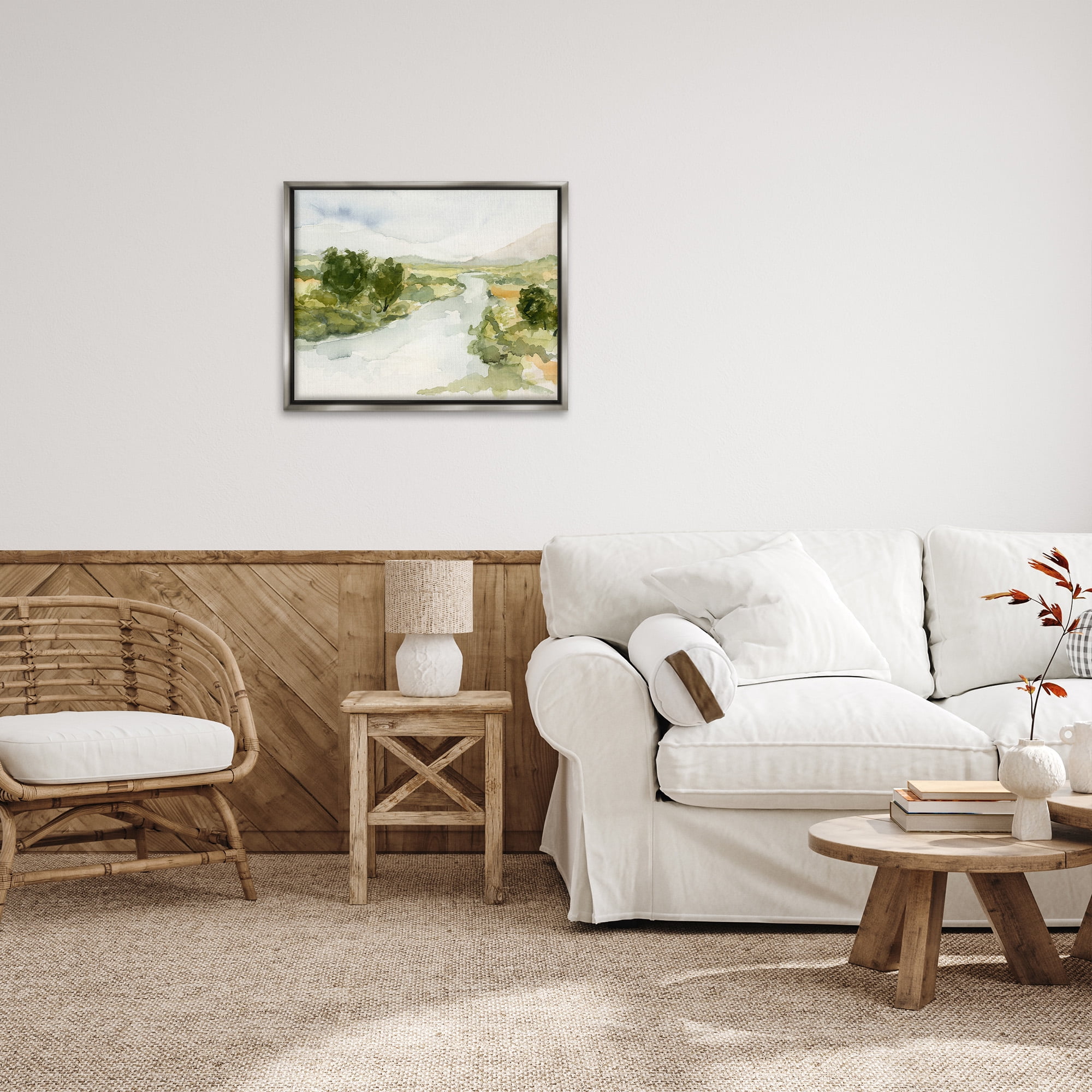 Stupell Industries Natural Flowing Stream Landscape Painting Gray Floater Framed Canvas Art Print Wall Art, 31 x 25