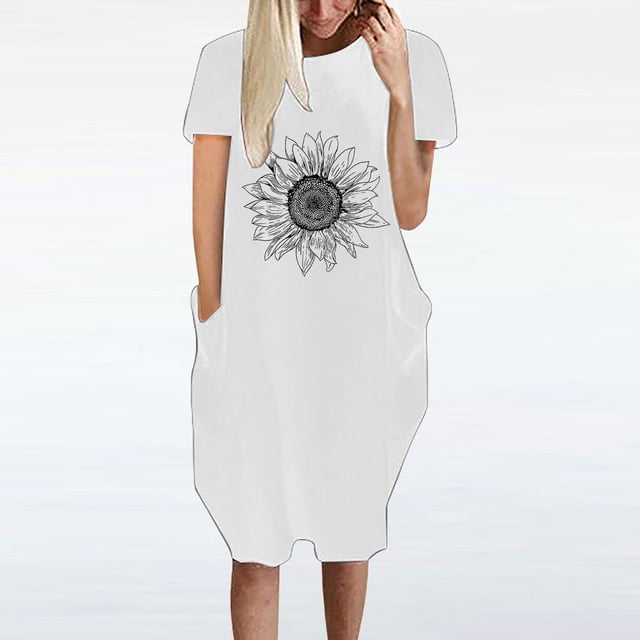 SMihono Robe d'Été pour Femmes 2024 Grande Taille Robe Décontractée Ample Imprimé Tournesol Manches Courtes Col en V Liquidation à Moins de 10!