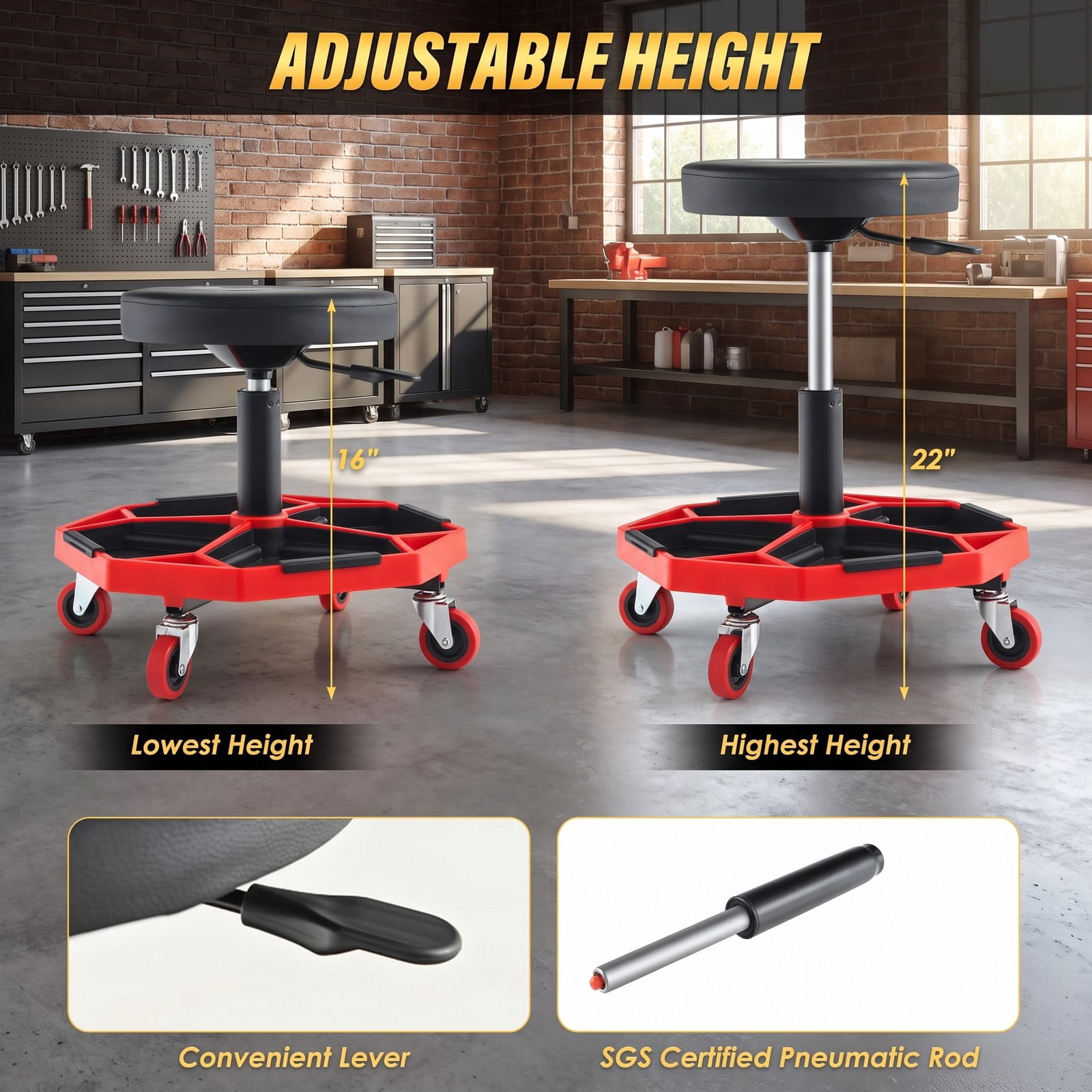Biotree Pneumatic Rolling Mechanic Stool with Padded Seat, 330 LBS Capacity Height Adjustable Swivel Garage Shop Work Chair with Tool Tray and 4 Casters, Red