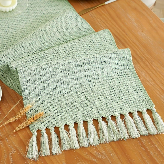 Nvzi Camino de mesa con borlas, verde claro, 33x92cm - Camino de mesa de poliéster, camino de mesa fino, camino de mesa rústico, camino de mesa decorativo para el hogar
