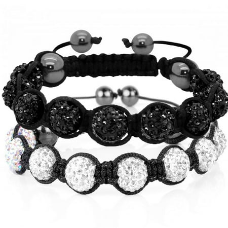 Bali Bead Bracelet BodyJ4You 2PCS Disco Ball Bracelets 9 Beads Black Clear Pave Crystals Iced Out Jewelry ()