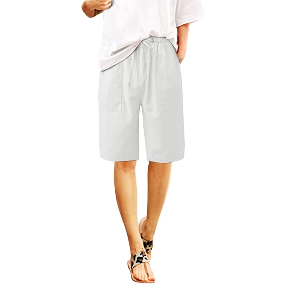 Womens Drawstring Cotton Linen Shorts Comfy Elastic Waist Knee Length Shorts with Pockets Solid Loose Casual Pants(XL,White)