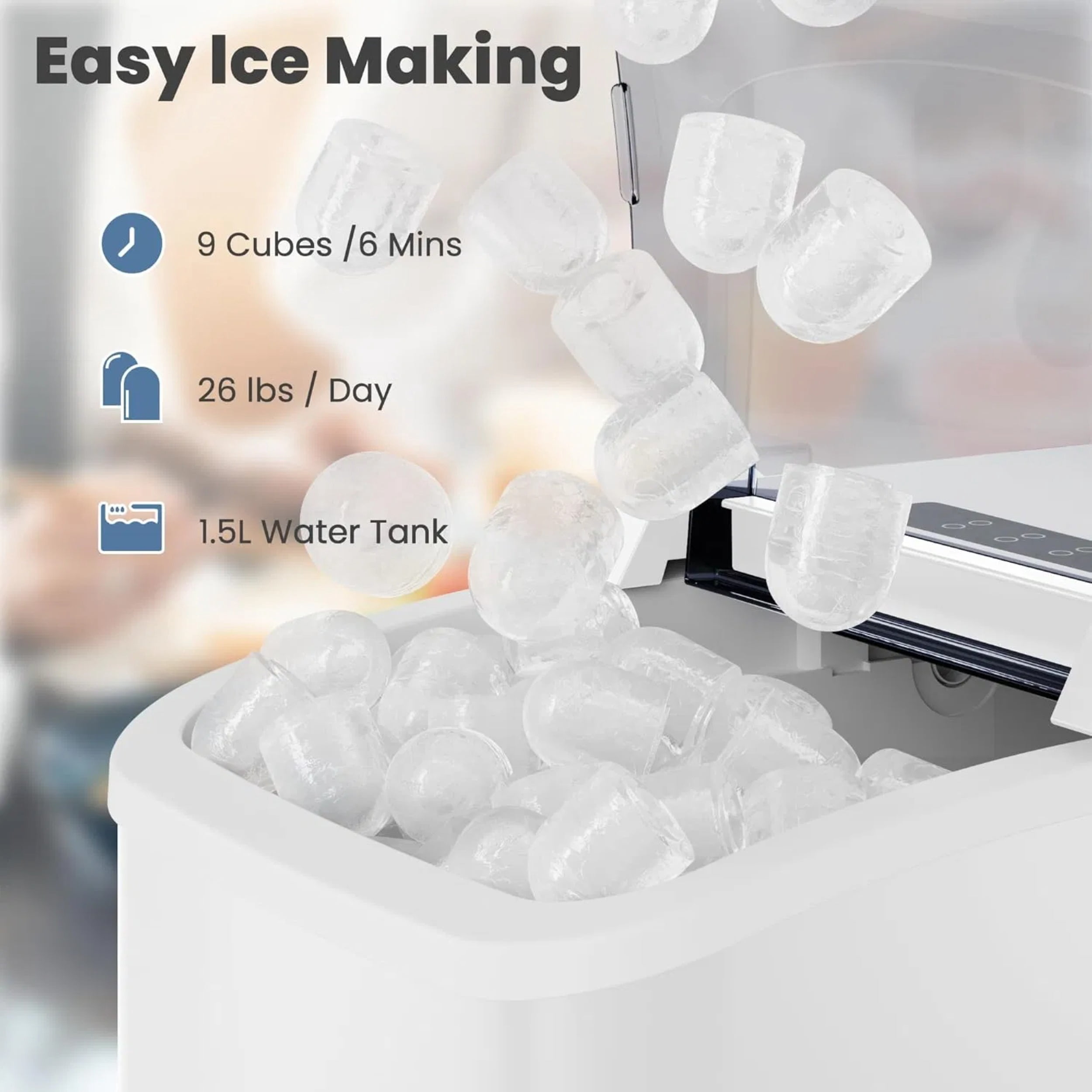 Countertop Ice Maker with Handle, 26lbs/24H Portable Ice Machine, 9 Bullet Ice Cubes Ready in 6 Mins, Self-Cleaning, Quiet Compact Ice Maker for Home, Kitchen, RV, Camping