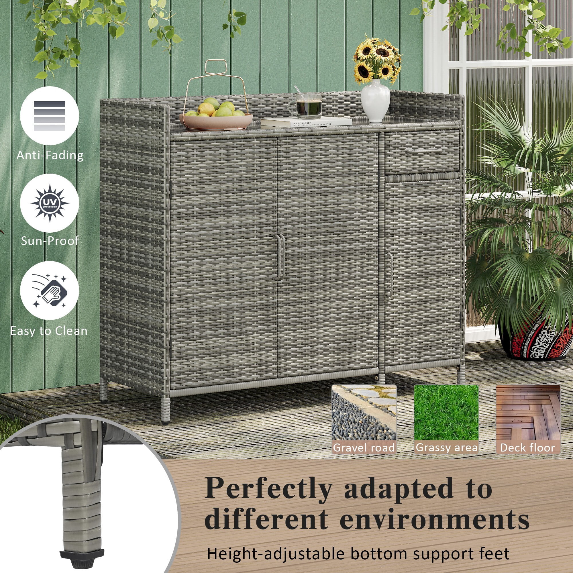 AENKYO 47.5" Wicker Outdoor Storage Cabinet with Tempered Glass Top, 3-Door Rattan Bar Table for Patio, Poolside, Gray