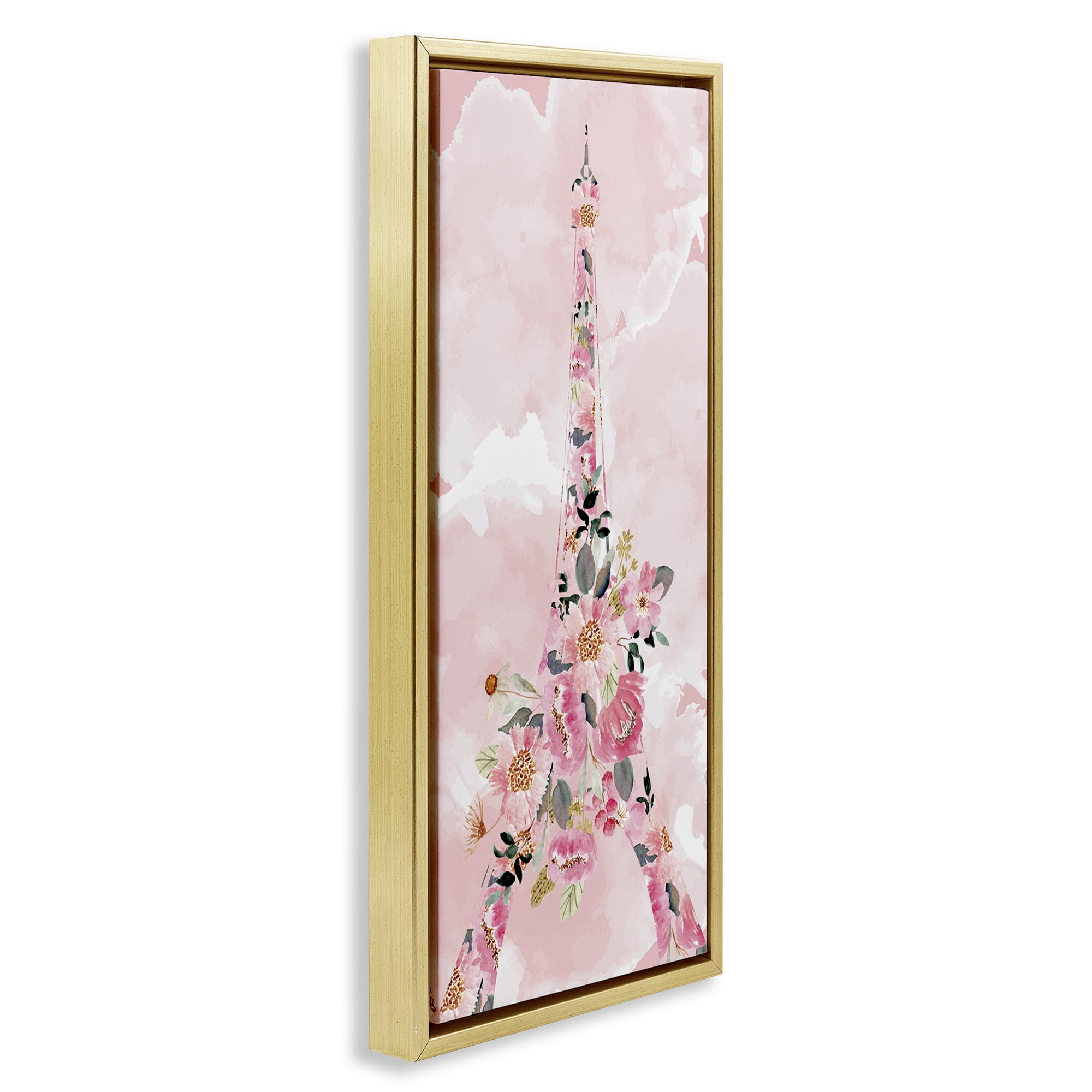 Stupell Industries Floral Pattern Eiffel Tower Botanical & Floral Painting Gold Floater Framed Canvas Art Print Wall Art, 15 x 31