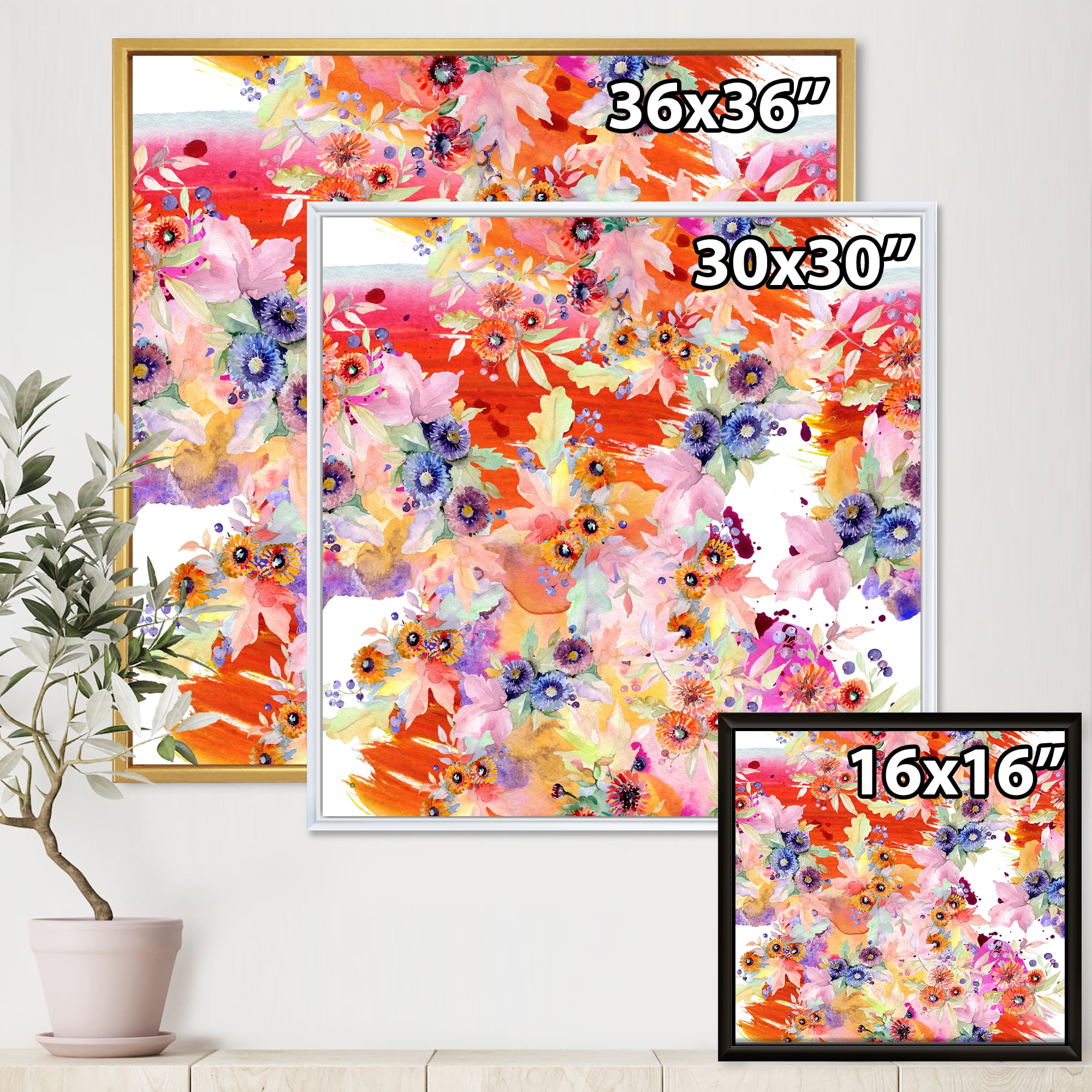Wildflowers and Vibrant Wild Spring Leaves VI 30 in x 30 in Framed Painting Canvas Art Print, by Designart