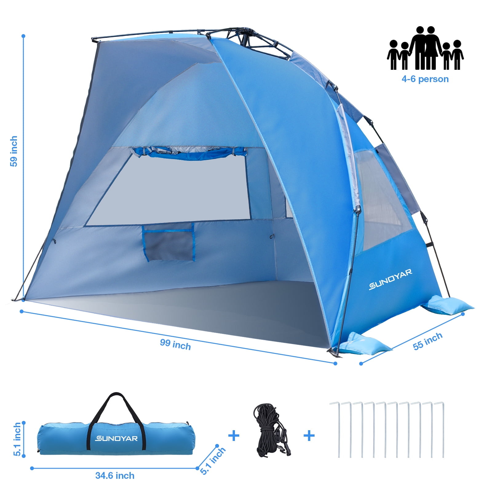 SUNOYAR Beach Tent Sun Shelter, Pop up Beach Tent for 4-6 Person with UPF 50+UV Protection, Portable Beach Shade Canopy for Camping, Picnics and Outdoor