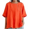 thumbnail image 2 of Soki Chemises en Lin à Manches 3/4 pour Femmes Printemps Col Rond Décontracté Couleur Unie Coupe Ample Blouses de Vacances Grande Taille, 2 of 3
