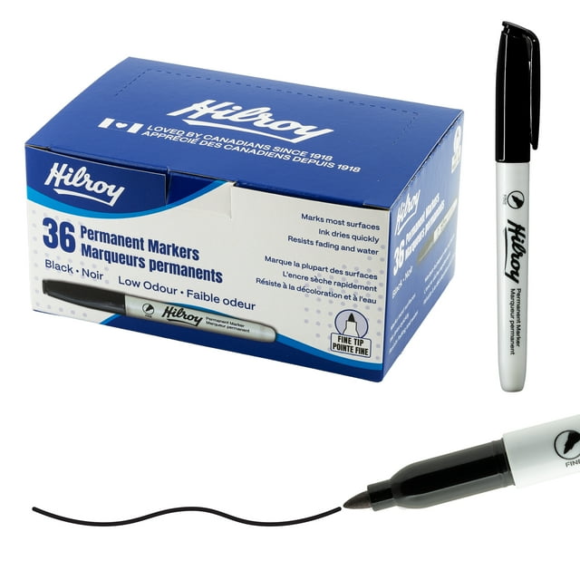 Hilroy Marqueurs permanents, marqueur permanent, faible odeur, pointe fine, noir, paquet de 36