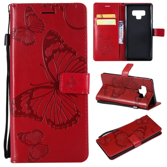 Note 9 Case, Samsung Galaxy Note 9 Case - Allytech Premium Wallet PU Leather with Fashion Embossed Floral Butterfly Magnetic Clasp Card Holders Flip Cover with Hand Strap, Orange