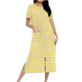 thumbnail image 3 of Fartey Women's Long Striped Nightgown Zipper Front Short Sleeve House Coat Soft Comfy Crew Neck Robes Loose Fit Casual Loungewear with Pockets Yellow S, 3 of 8