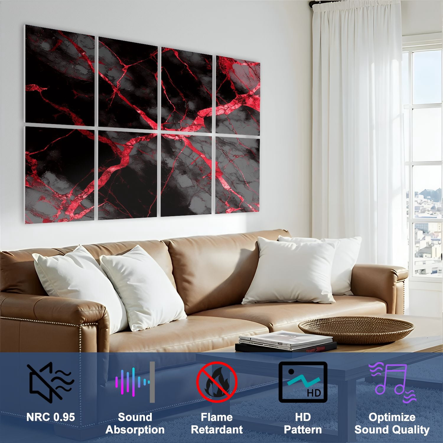 Modern Marble 8 Pack Art Acoustic Panels Sound Absorbing Red black marble Decorative Soundproof Wall Panels Self Adhesive for Nursery Game Room Bedroom 48"x32"