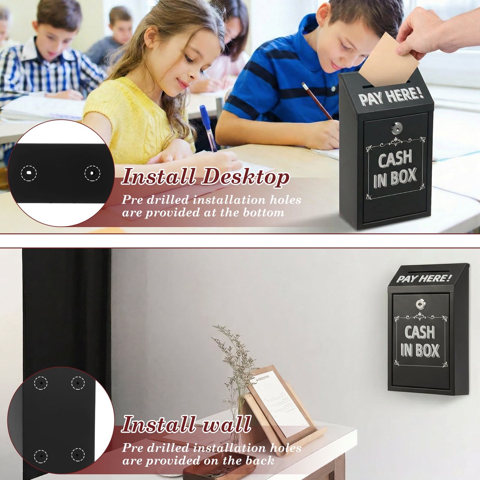 Metal Donation Box with Lock Slot Safe Suggestion Charity Collection Donation Money Lock Box Cash Drop Money Case Suggestion Box,Black,10.24 x 5.71 x 2.95''
