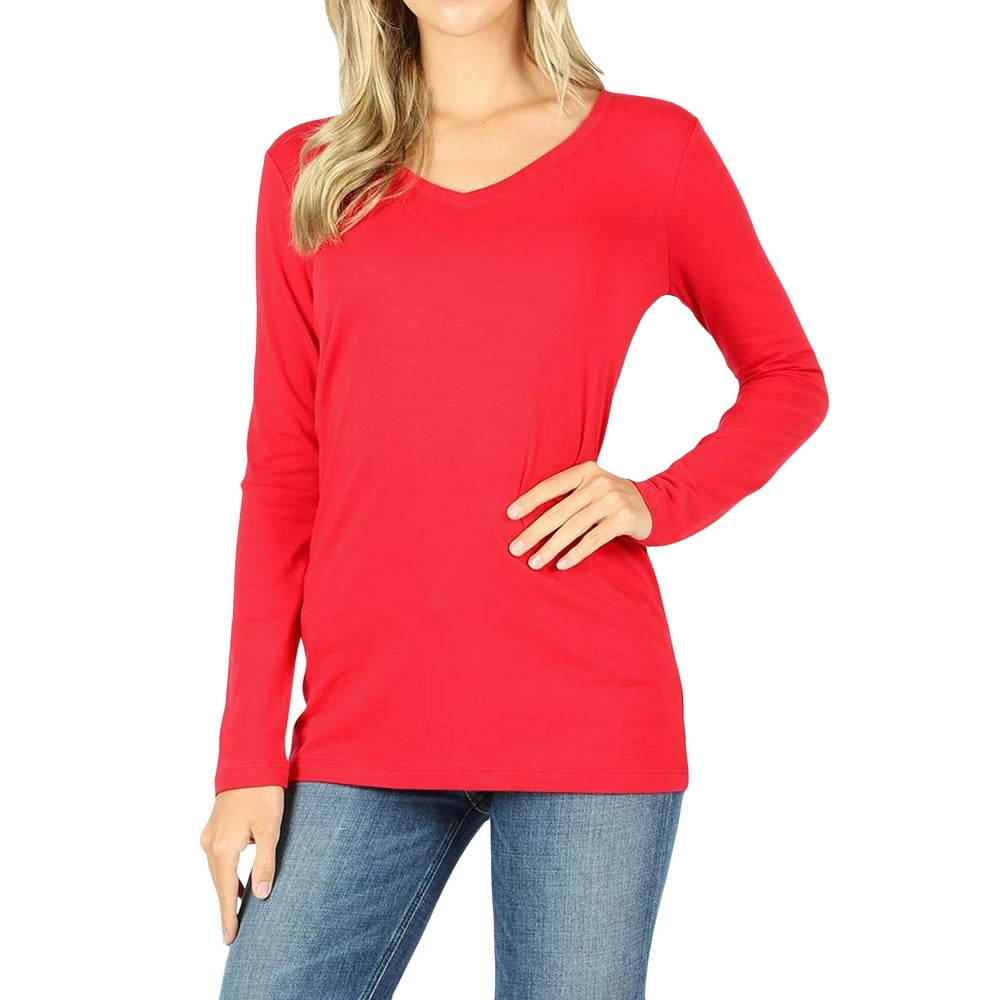 TheLovely - Women Basic Cotton Relaxed Fit V-Neck(S-3X) Long Sleeve T ...