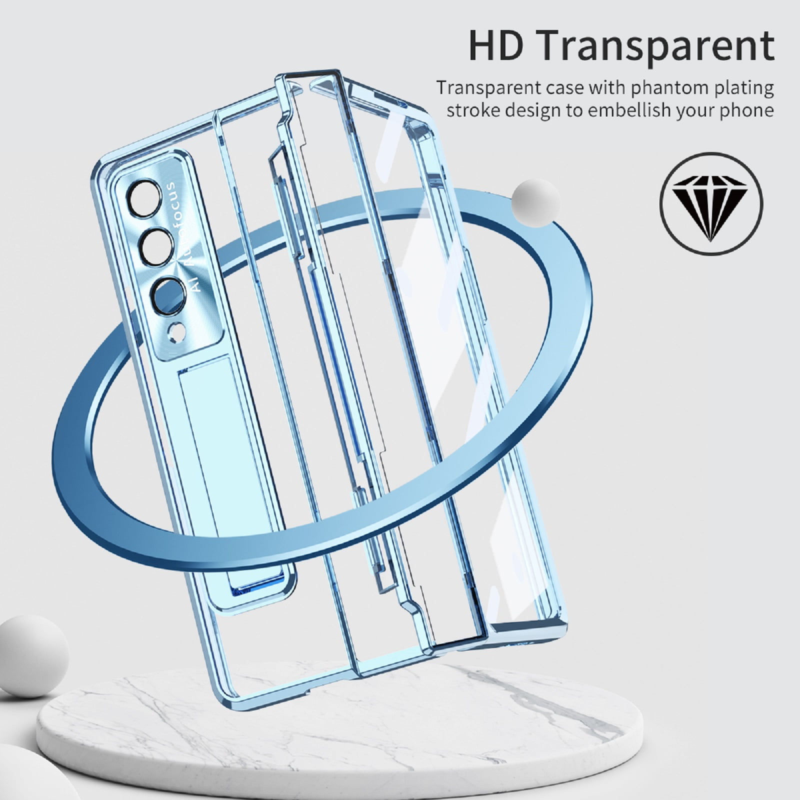 ELEHOLD for Samsung Galaxy Z Fold 4 Leveling Hinge Folding Case, HD Transparent Plating Frame Wireless Charging Hidden Kickstand 360° Full Protection Anti-Drop Shockproof Case for ZFold 4 7.6",Blue