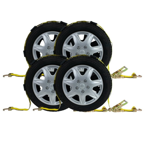 (4 Pack) 2" x 12' Over The Tire Car Hauler Ratchet Straps with Swivel J Hooks and Rubber Blocks - Car Tie Down Wheel Straps Truck Trailer Auto Tie Down