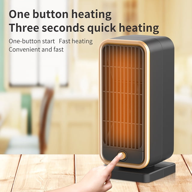 Space Heater Office Small Heater Room Heater Warm Blanket 2022 Heater Energy Saving and Silent Ceramic Heater with one-button heating, shown in black with a sleek design and glowing heating element. Features fast 3-second heating, quiet operation, energy-saving ceramic technology, and portable design. Ideal for office, bedroom, or small spaces.