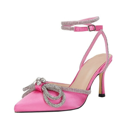 

Gemijacka Women s Double Bow Pointed Toe Ankle Strap Crystal Pumps Wedding Bridal Party Stilettos Backless Satin Heeled Sandals
