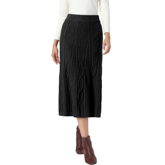 INSPIRE CHIC Cable Knit Sweater Skirt for Women's Elastic Waist A-Line Ribbed Casual Knit Maxi Skirt XS Black