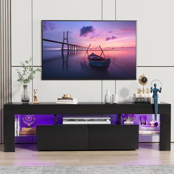 YWEN TV Stand, Modern Lighting TV Cabinet Entertainment Center Media and Open Shelf, TV Console Table with 1 Drawer and Remote Control, 20 Color LED Lights up to 70 Inch TV (Black)