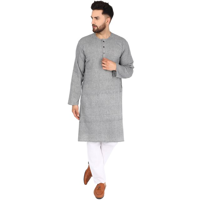 SKAVIJ Hommes Tunique Coton Kurta Longue Chemise Regular Fit (Médium, Lightblack))