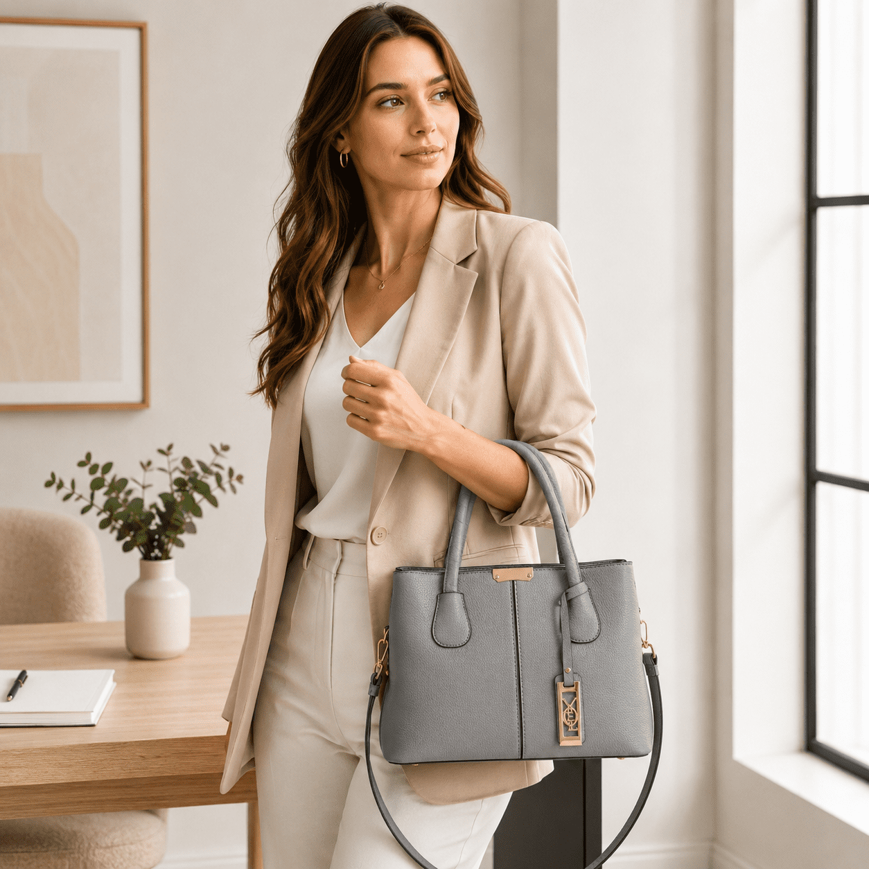 Kabuer Women's PU Leather Tote Handbag with Shoulder,Gray