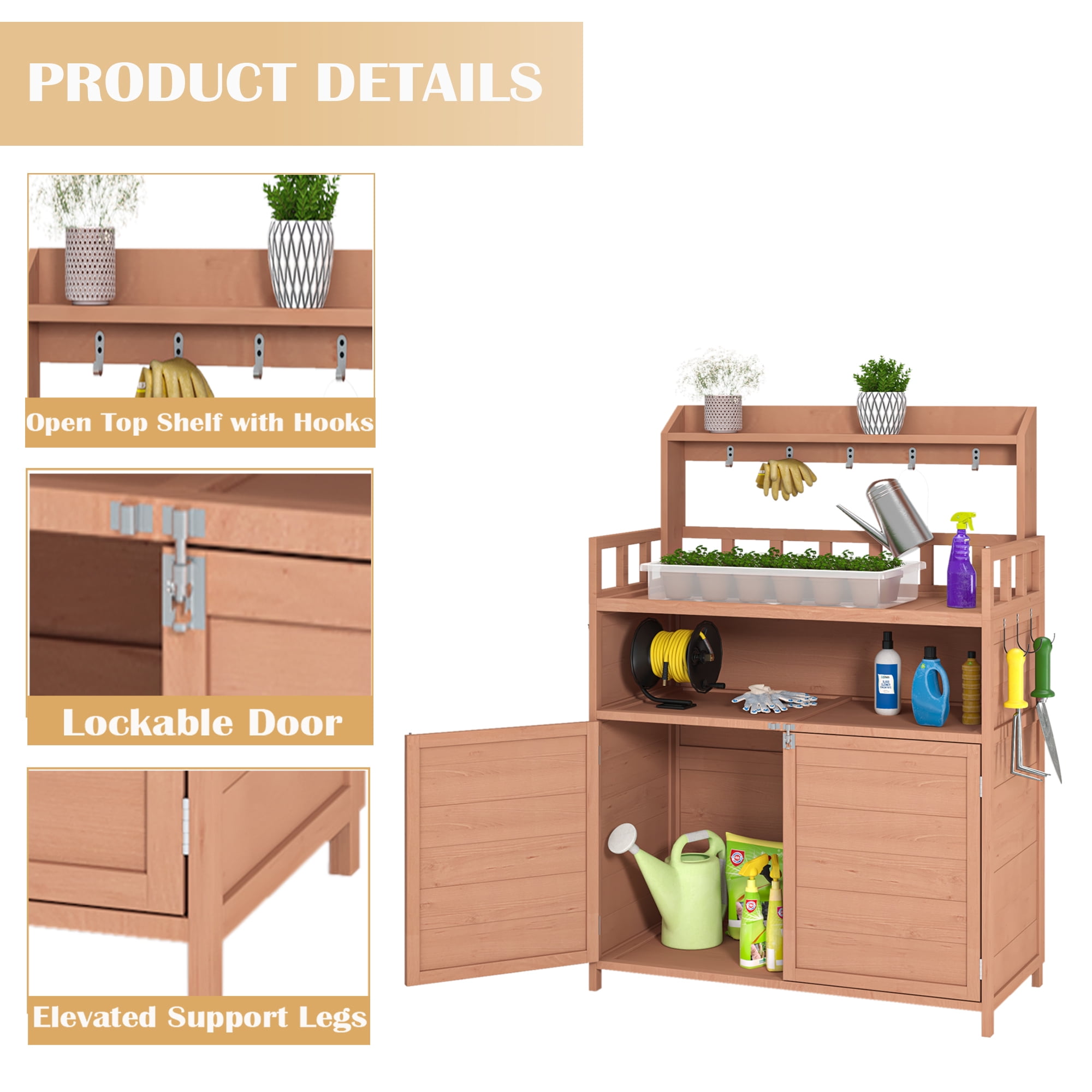 Leumius Potting Bench Outdoor Gardening Table for Outside Wood Garden Planting Workstation Work Benches with Large Storage Cabinet & Top Shelf for Patio Balcony