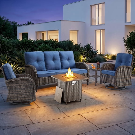 Gymojoy 5 Pieces Outdoor Furniture Set with 30'' Propane Fire Pit Table, High Back Rattan Sofa, Swivel Rocker Glider Chairs and Side Table, Wicker Patio Conversation Set